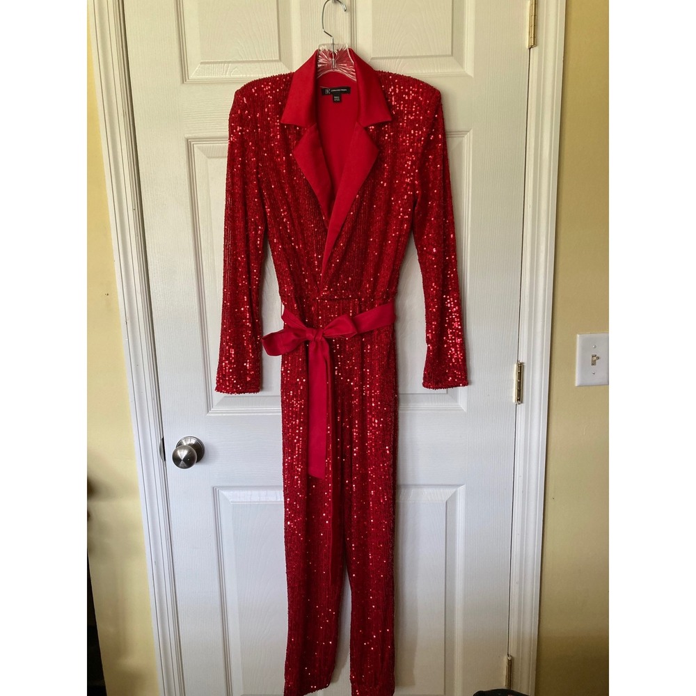 INC International Concepts Red Sequin Jumpsuit Satin Lapel Long Sleeve Small